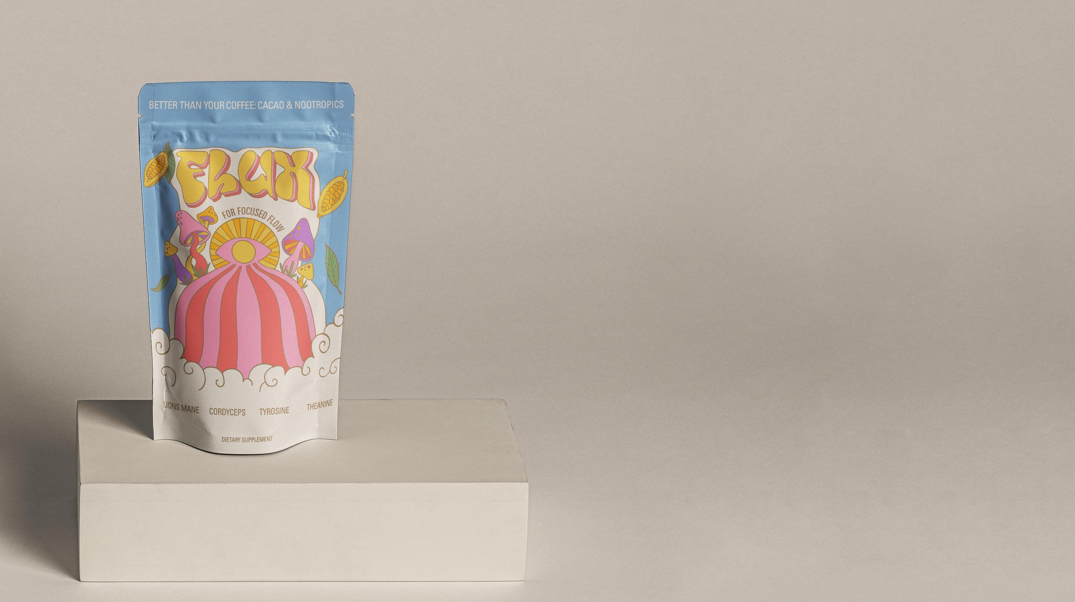 FLUX pouch standing on a pedestal