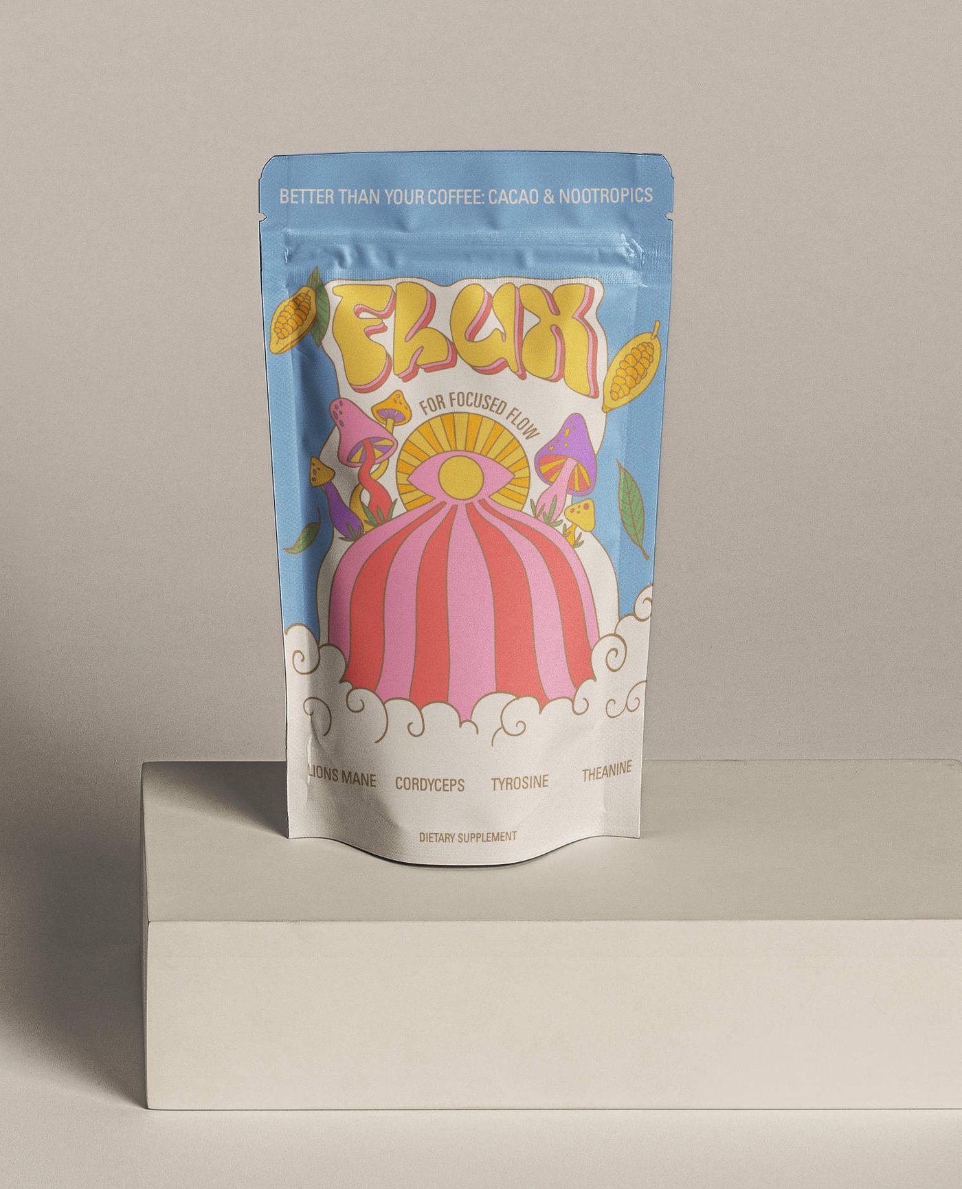 The FLUX pouch standing on a podium